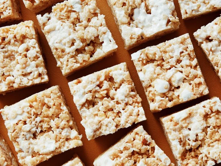 Rice Krispies cereal mixed with melted marshmallows vanilla extract and browned butter and cut into squares.